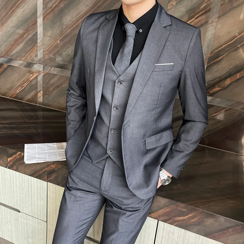 Classic Solid Color Three-Piece Set Wedding Suit Four Seasons Fashion Business Casual Handsome Suit Vest Trousers Combo