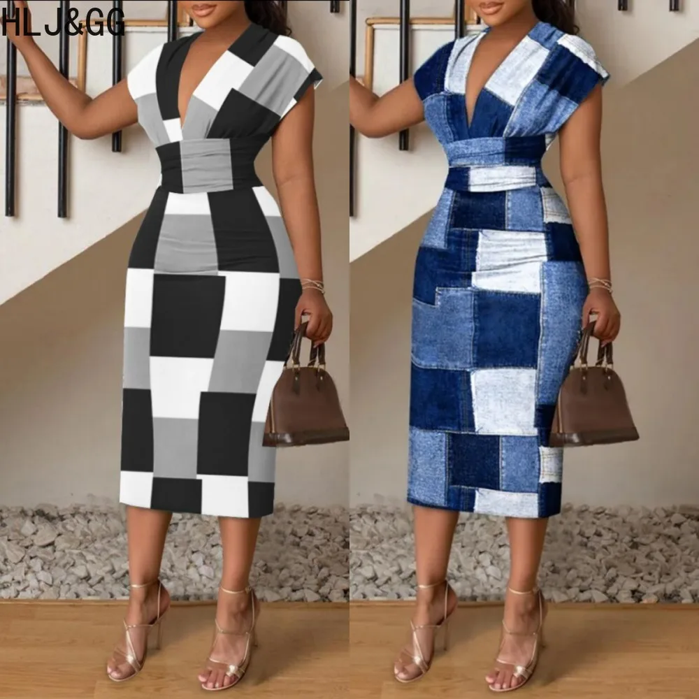 

HLJ&GG Elegant Office Lady V Neck Bodycon Dresses Women Short Sleeve Plaid Printing Slim Mid Dress Casual High Waisted Vestidos