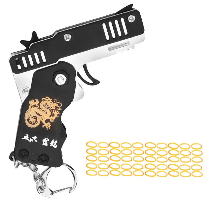 1PC MINI Toy Gun Keychain 50 Rubber Bands Folding Rubber Band Gun Shooting Pistol Alloy Key Charm Pendant Kid Outdoor Party Gift 5