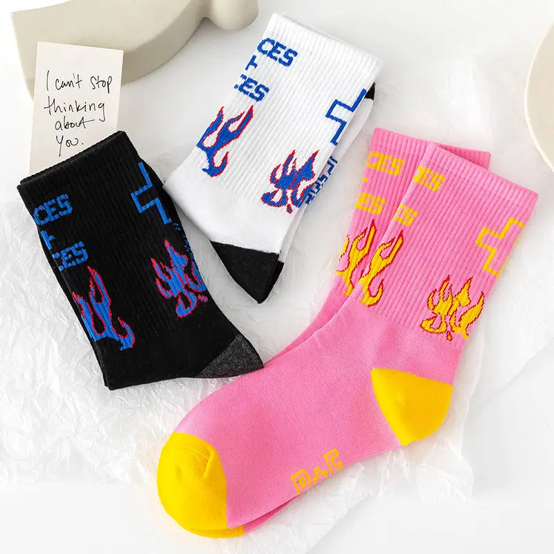 

Women Flame Socks Female Retro Street Wear Socks Brand Hip-hop Sports Pure Cotton Socks Designer Socks Pink Socks