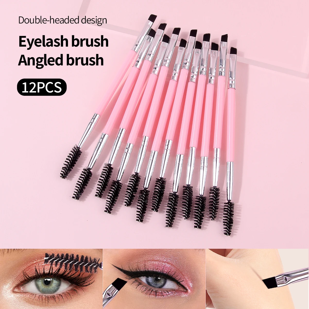 12PCS 핑크 더블 헤드 속눈썹 컬러 속눈썹 브러쉬 눈썹 브러쉬 플라스틱 손잡이 휴대용 버전 속눈썹 연장 브러쉬