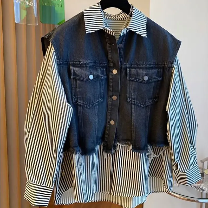 Korean Loose Striped Shirt Fake Two Pieces Spring Autumn Vintage Denim Spliced Women's Clothing Casual Single-breasted Blouse fashion sweater jacket fake two pieces knitted denim patchwork cardigan men s autumn winter loose high quality knitwear coat