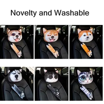 노벨티 자동차 머리 받침 쿠션 세트, 개 목 베개, 고양이 인형, 안전 벨트 커버 장식, 인테리어 자동차 액세서리