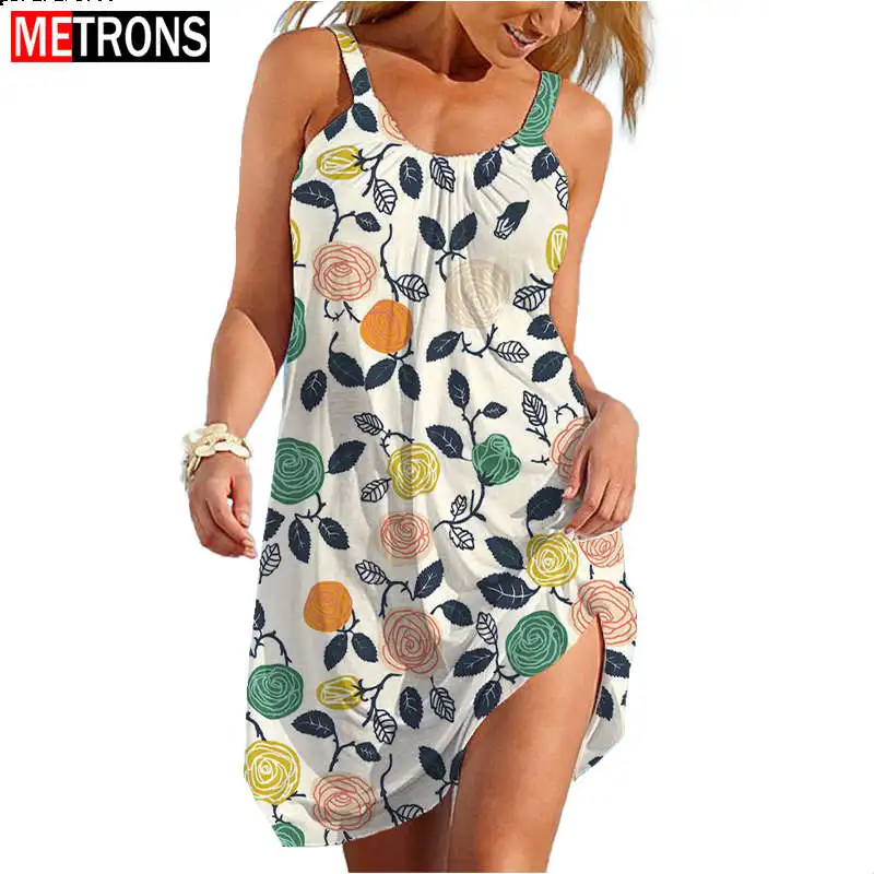 

2023 New Hot Selling Loose Relaxed Comfortable Beach Dress Sexy Dress Women's Sleeveless Flower Print Hem Simple Mini Dress