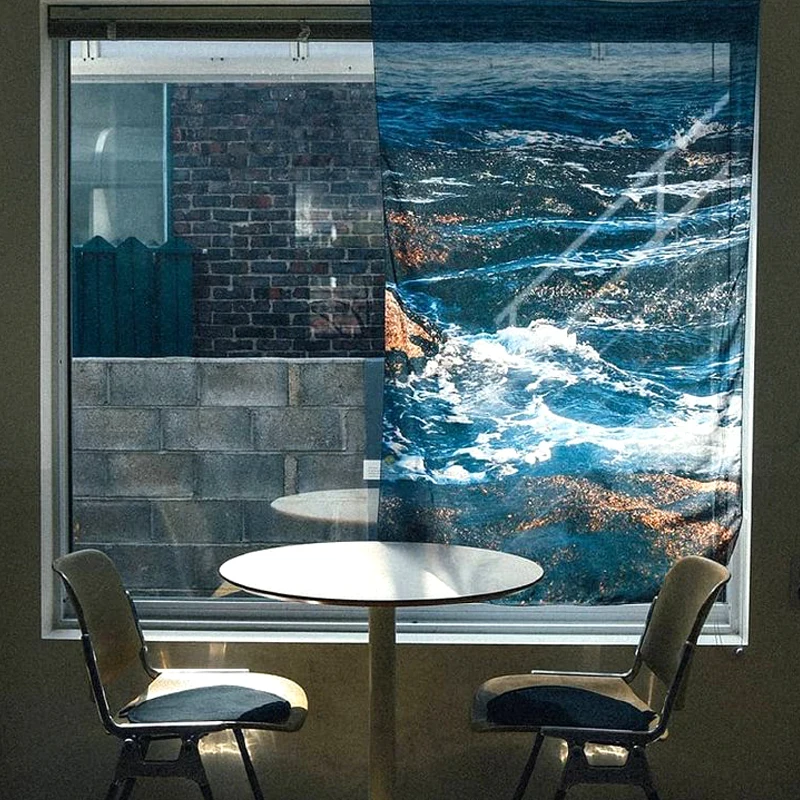 וילונות תחרה שקופים מודפסים עם נוף נופי למרפסת, מסנני אור, ללא צורך בקידוח להתקנה