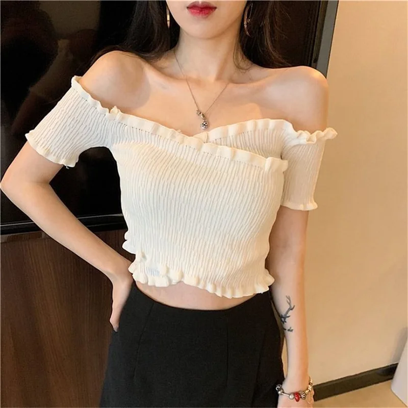 Sexy T-Shirts Off The Shoulder Top Cute Pink Women Slash Neck Kawaii Crop Top Baby Tees Y2k Summer Clothes Korean Sweet Emo Tops