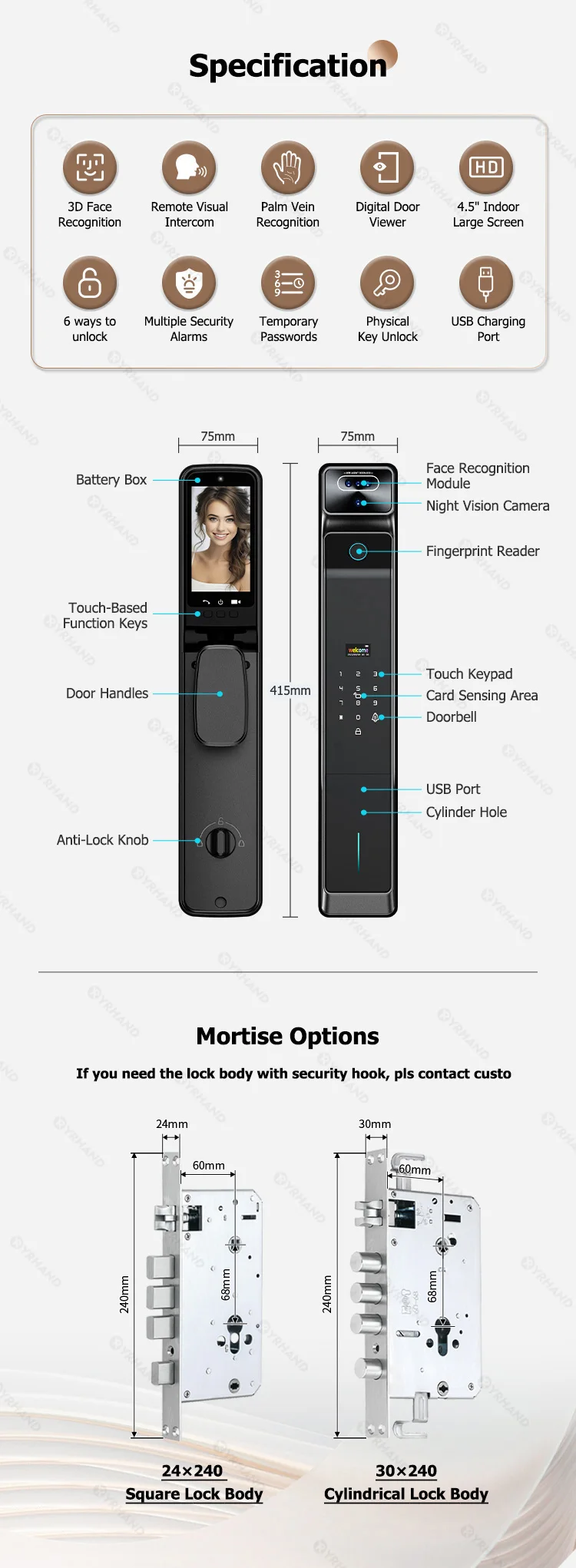 Real Time Intercom Palm Vein Recognition Intelligente Tuya Wifi  3DFace Unlock Outdoor Front Smart Digital Door Lock With Camera