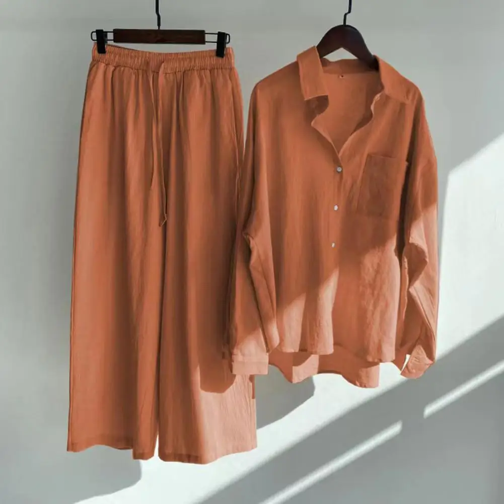 

Cotton Linen Long Sleeved Temperament Commuter Suit Single Breasted Slit Shirt & Wide Leg Pants Lady 2pc Set Summer Loose Outfit