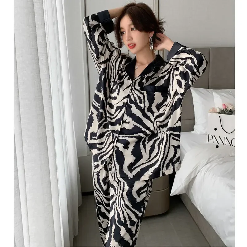 Women's 2 Piece Pajamas Sets Zebra Stripes Pijama Faux Silk Satin Lapel Pyjama Female Sleepwear LongSleeve Shirt Pants Homewear