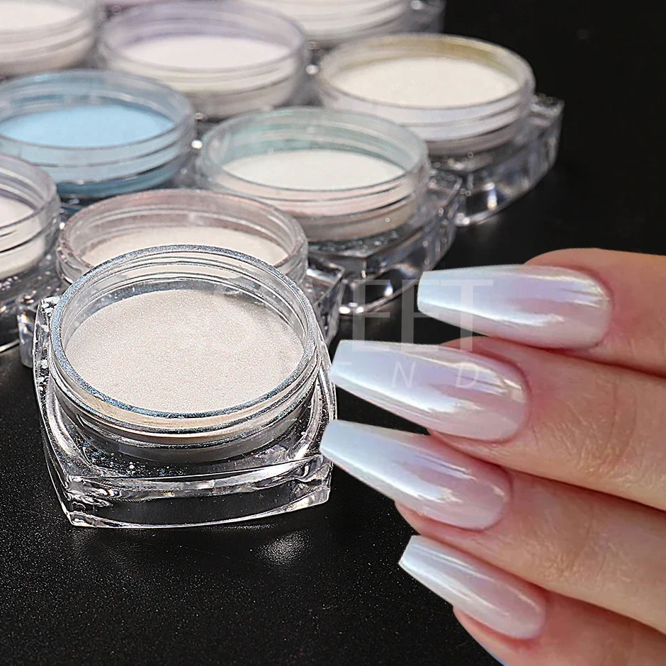 Nail Powder 2pcs Colorful Aurora Chrome Nail Powder Pearl Shell White High Glossy Rubbing Dust Holographic Glimmer Pigment Nail Decor Flash