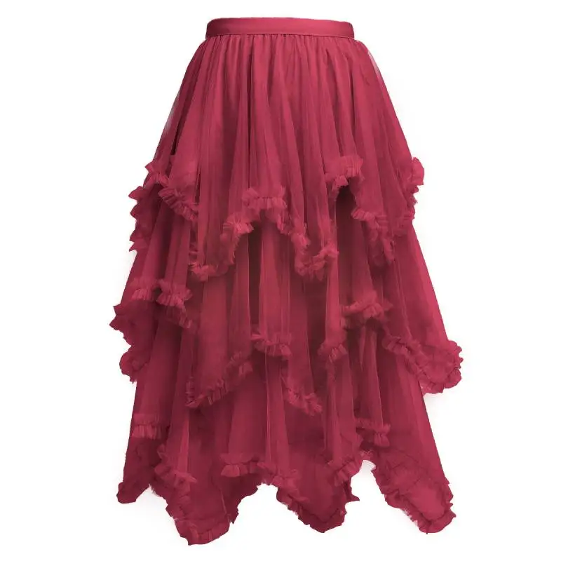 WENAM Fashionable Tutu Tiered Tulle Midi Skirt Elastic Waist Ruffle Tiered Fairy Skirt Women 2023 New Korean Sweet Fairy Costume