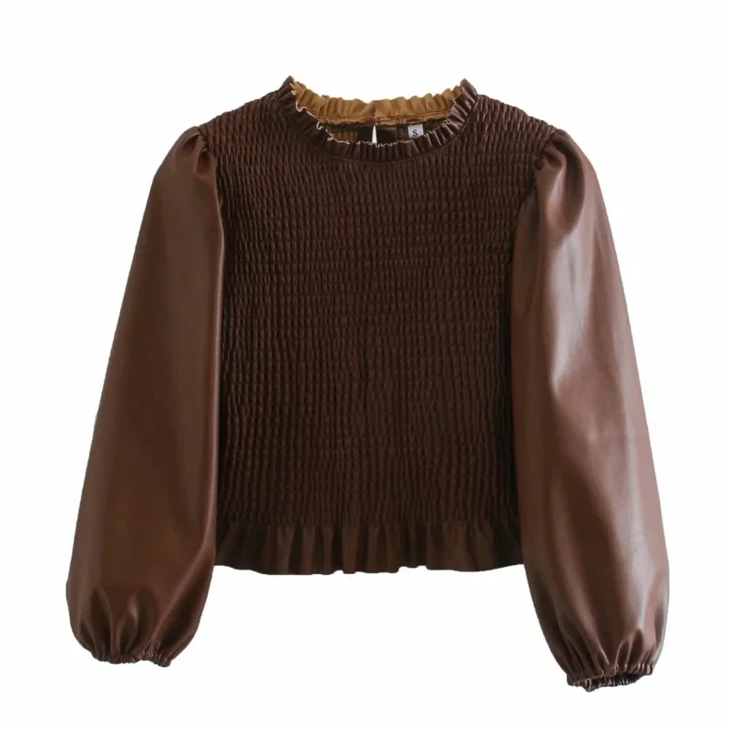

2023 New Fashion Solid Women PU Leather Short Shirt Women's Autumn and Winter Long-sleeved Shirt Casual Ladies Loose Top Blusas