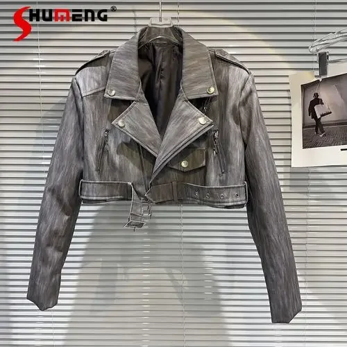 

2023 Autumn Cropped Pu Leather Jacket Women New Fashion Street Hot Girl Texture Distressed Leather Oblique Zipper Belt Jacket