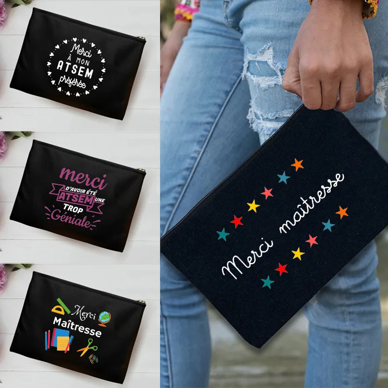 

French Print Thank You Mistress Black Wristlet Clutch Bag Merci Maîtresse Teacher's Storage Bag Travel Wash Pouch Teacher Gifts