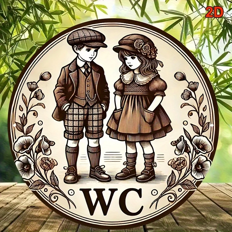 2D 평면 복고풍 욕실 표지판 - 화장실 문자와 결합된 클래식 꽃무늬 장식 - 원형 플라크
