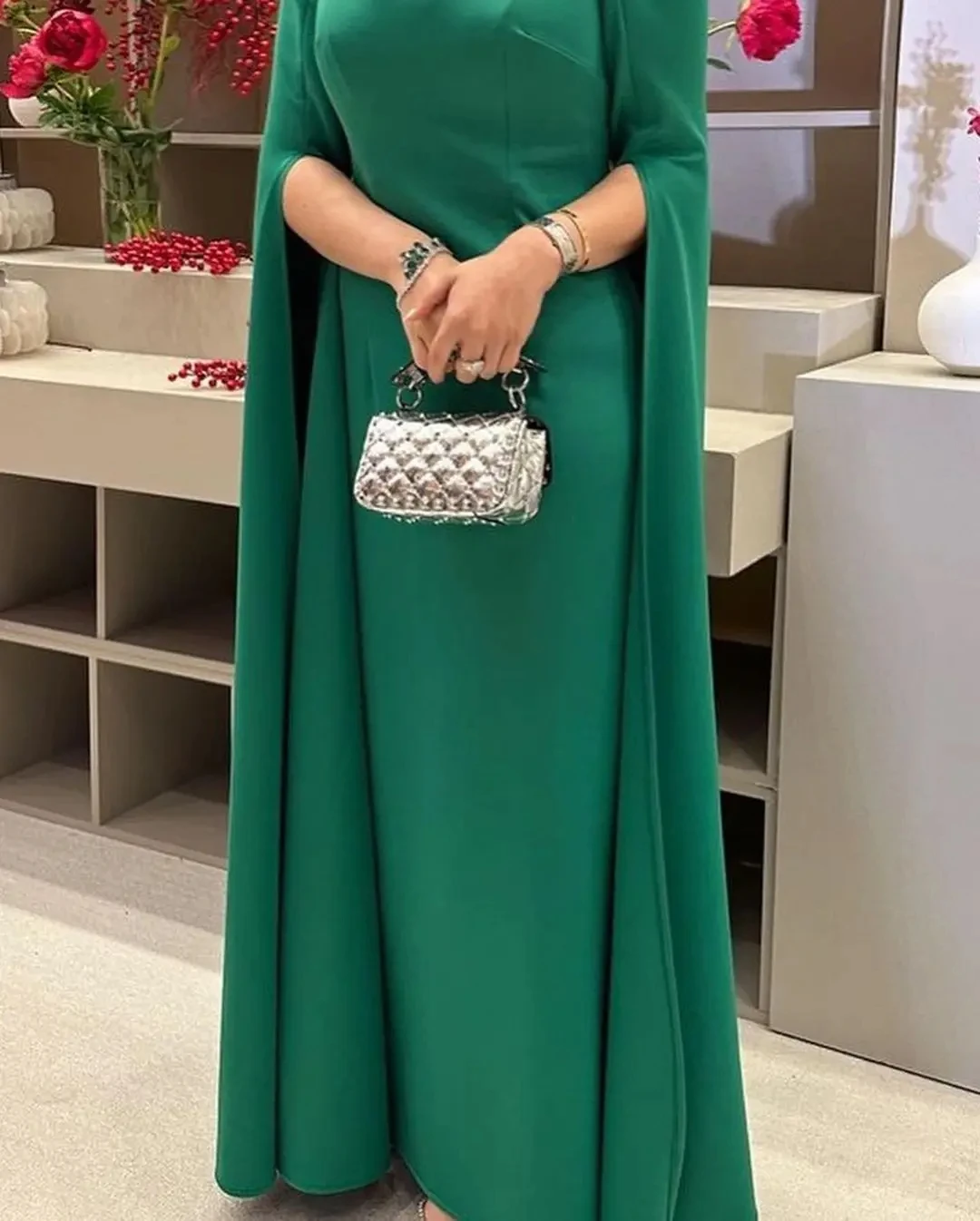 

Scoggins Green Women Evening Dress Prom Gown Long Sleeves Ankle Train Simple Floor Length For Formal Occasion Cocktail Party Dre