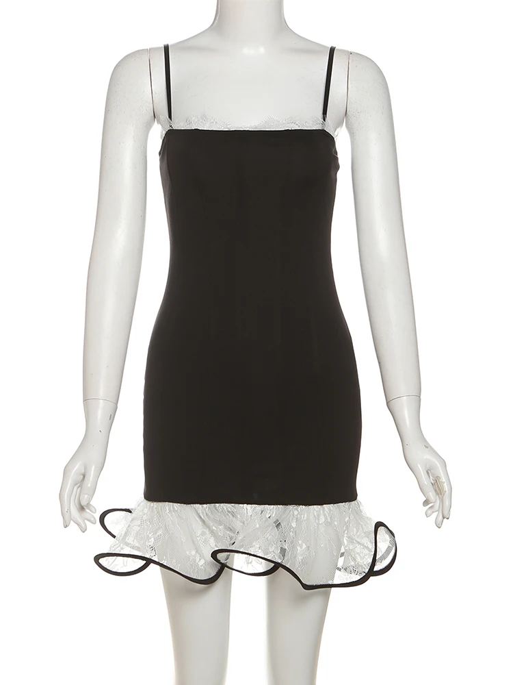 Nibber Mesh Patchwork Y2K Sexy Sweet Style Mini Dress Women Square Collar Contrast Ruched Hem Birthday Party Fashion Outfits