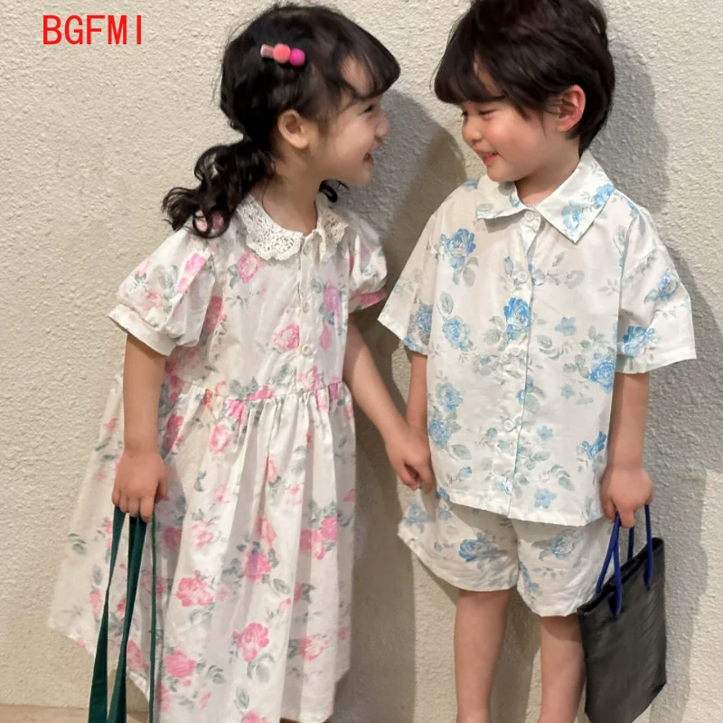 

Summer Kids Clothes Boy Breathable Short Sleeves Cool Shirt + Flower Print Shorts Girl Loose Sweet Lace Collar Princess Dress