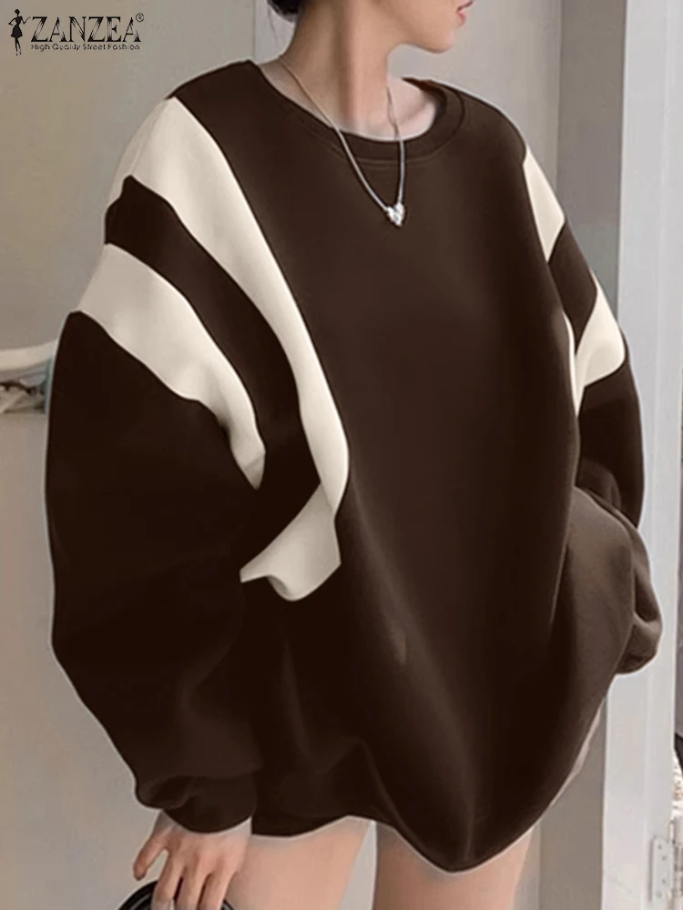 ZANZEA Holiday Oversized O-neck Hoodies Women Striped Sweatshirts Casual Loose Fit Long Sleeve Pullover Korean Colorblock Jumper 3