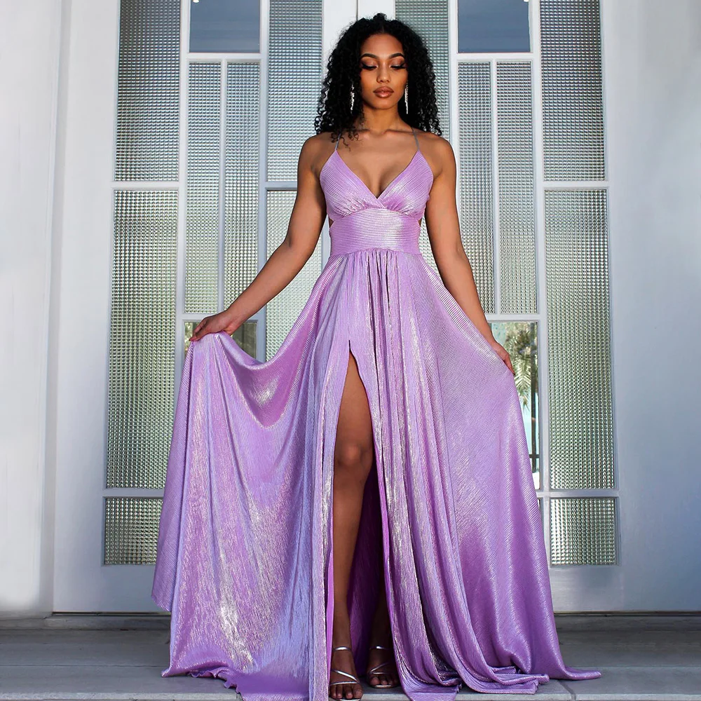 

Lilac Evening Dress Spaghetti Straps A Line Cut Out Backless Sexy Evening Gowns for Women 2024 V Neck Side Slit Formal Prom Gown