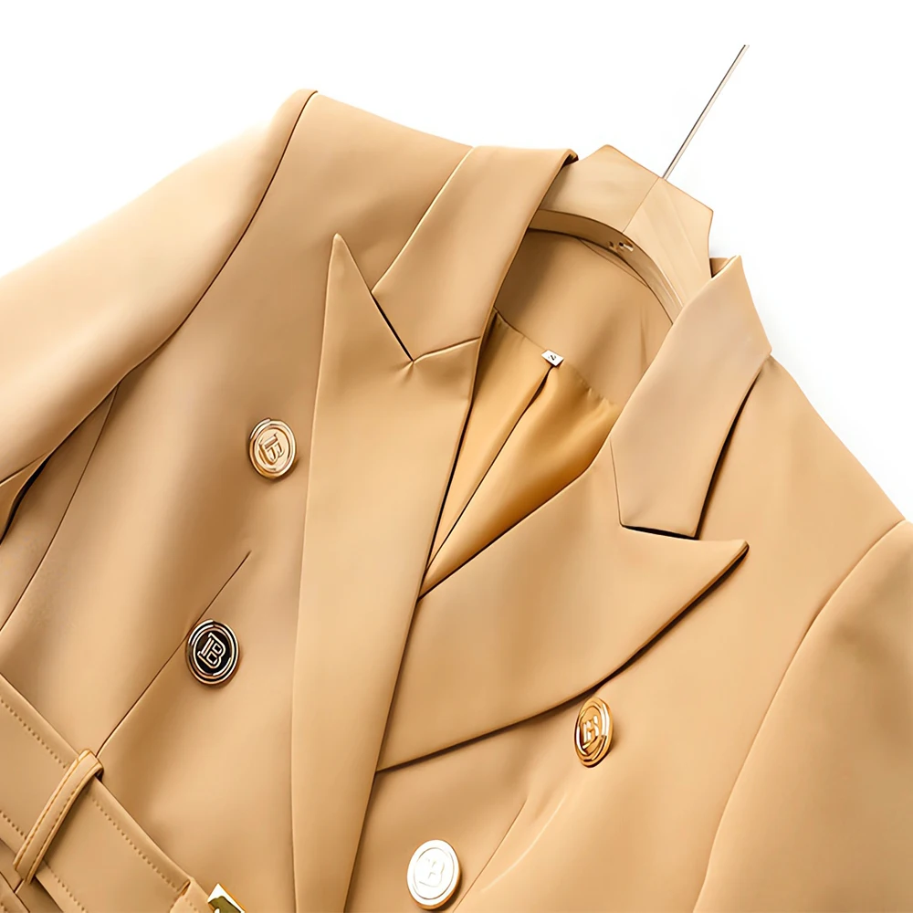 Women's Khaki Velvet Blazer Coat, Long Sleeve Metal Belt Button Jacket, Slim Formal Suit Outwear, High Quality