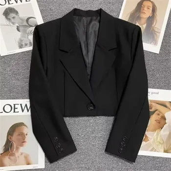 Blazer corti neri Donna Trend 2025 Nuova giacca corta con colletto dentellato tutto-fiammifero Cappotto da donna coreano chic con bottone singolo 1