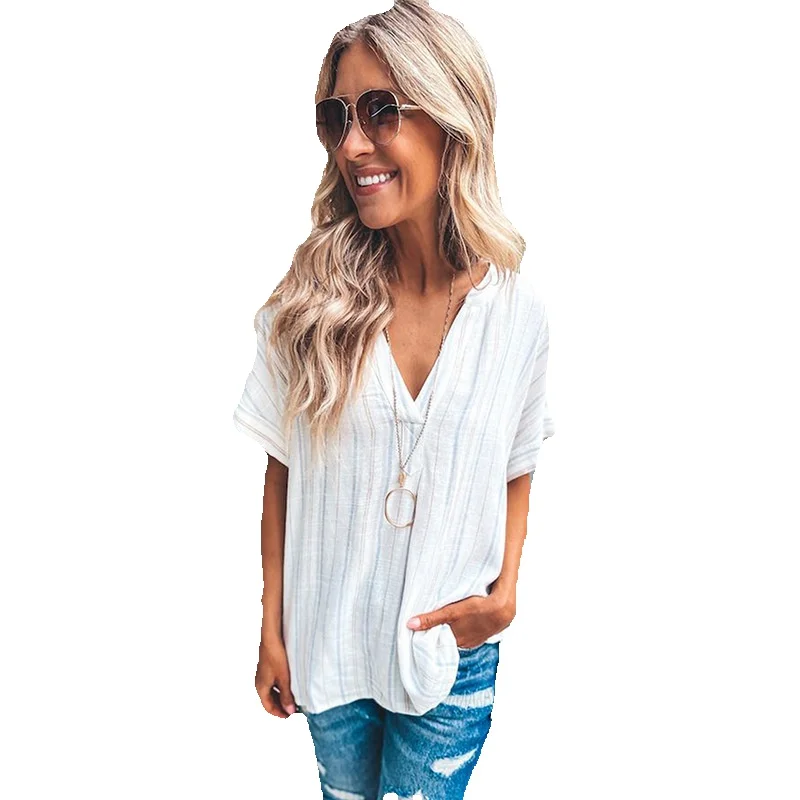 

Thin And Loose Fitting Casual Short Sleeved Top For Women's Summer New Versatile Striped Print Pullover V-Neck Shirt Women