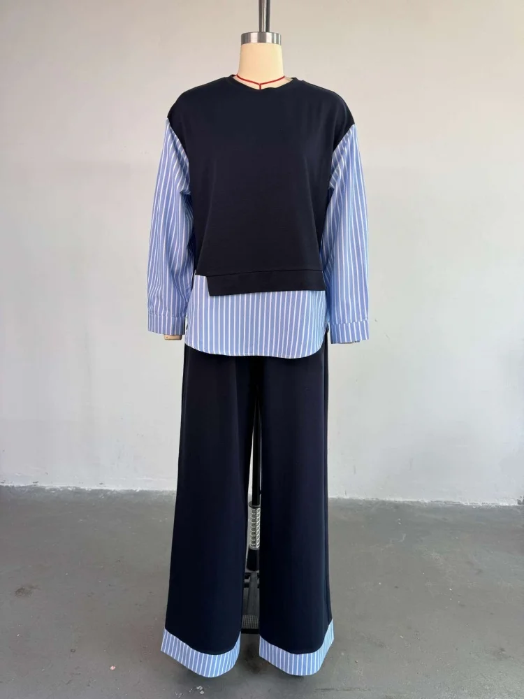 Wmstar Two Piece Set Women Wholesale Woman 2025 Summer New Fashion Round Neck Striped Top High Waisted Trousers Casual Suit