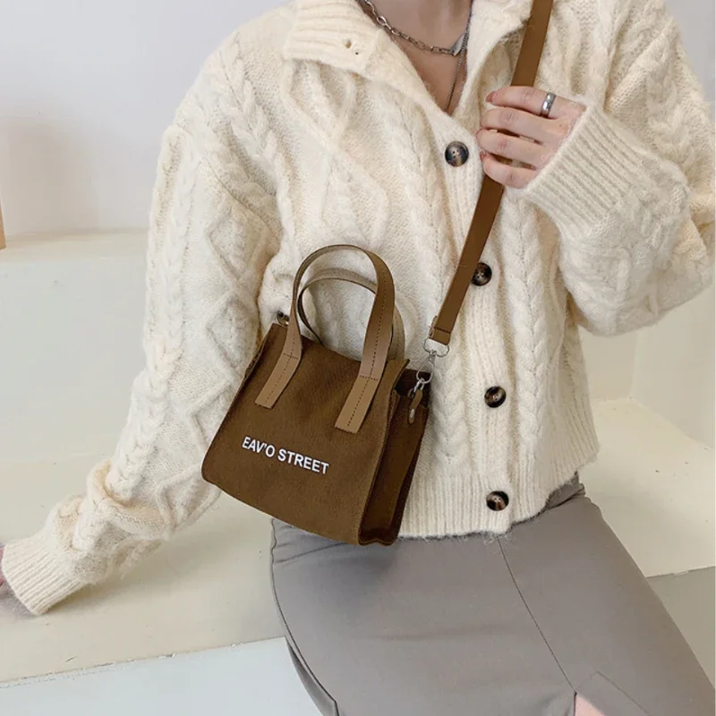 

New In Women's Shoulder Bag Canvas Letter Mini Handbag Vintage Tote Bag Casual Bucket Crossbody Bags Portable Ladies Small Pouch