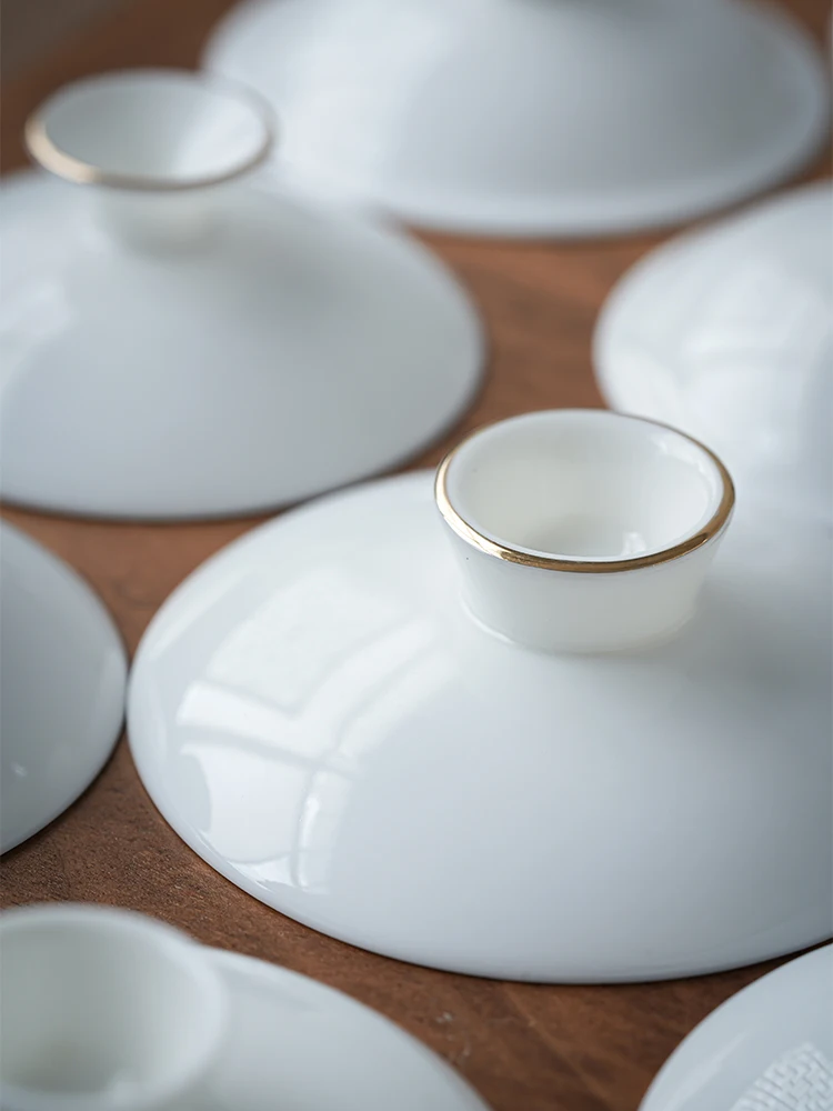 Lacquerware Gold-Decorated White Porcelain Tea Cup Lid Yuxi Jade Tee-Axis Design Cerc Tea Set Lid Matched Single Lid