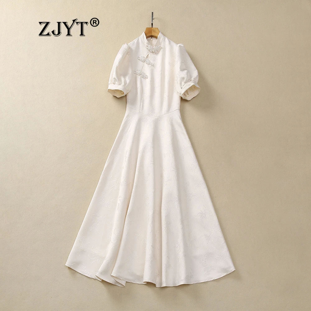 

ZJYT Chinese Style Midi Dress for Women Summer Fashion Short Sleeve White Dresses Pearls Buttons Stand Collar Vintage Party Robe