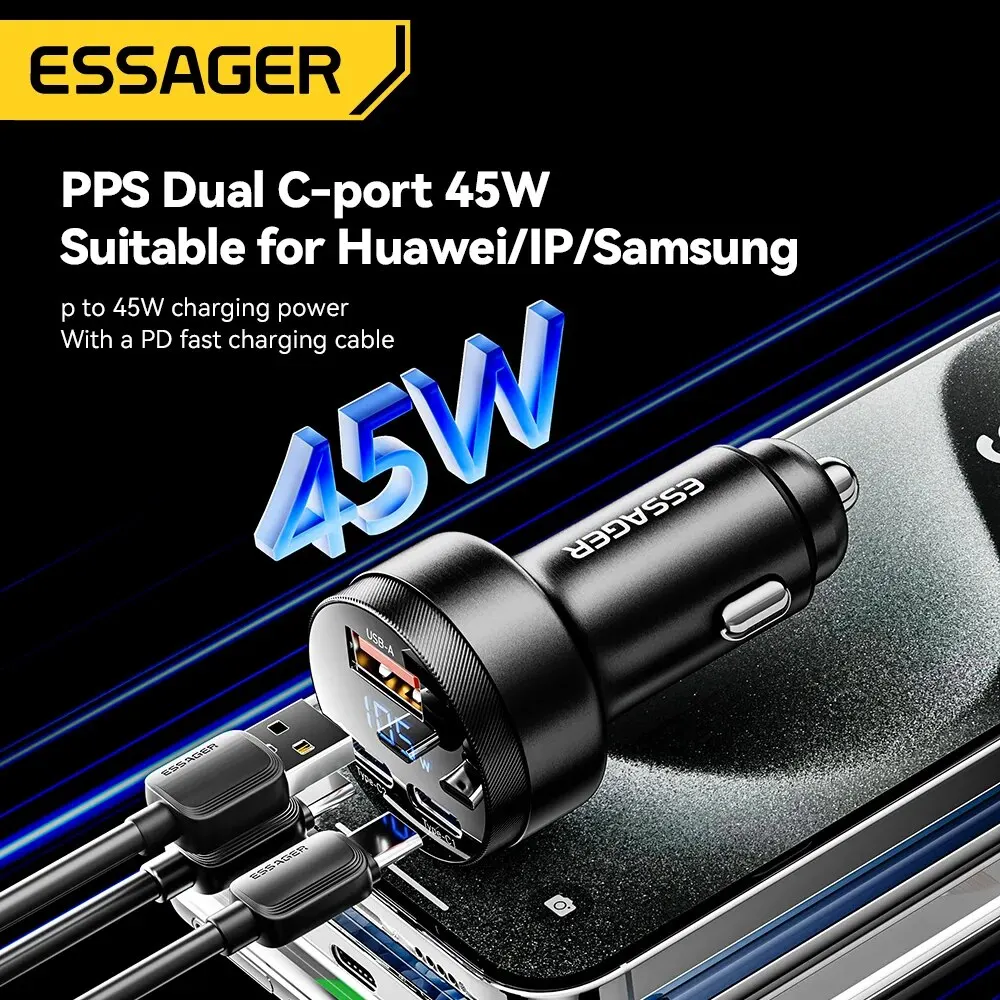Essager 105W USB Car Charger Quick Charge 4.0 QC4.0 QC3.0 QC SCP PPS PD USB Type C Fast Charging iPhone 14 15 Xiaomi Phone