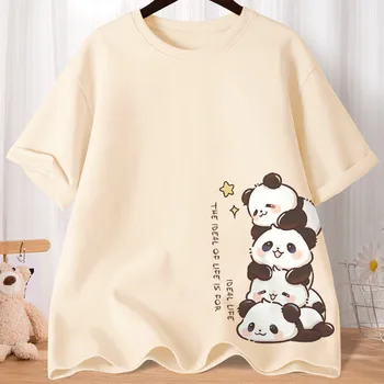 Summer Cartoon Cute Treasure Panda Sweet Printed Short Sleeve T-shirt Women's Loose Leisure Soft Bottom Oversized Shirt Top 1