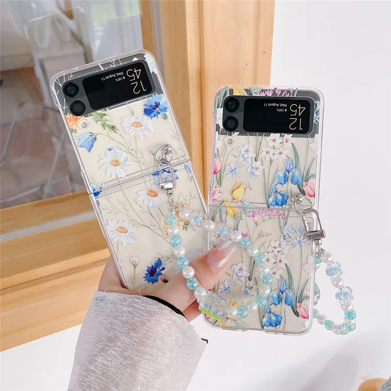 Abbery for Samsung Galaxy Z Flip 4 5G Flower Case Clear with Design, Cute  Floral Stars Glitter Sparkle TPU & PC Transparent Dried Real Flower Women