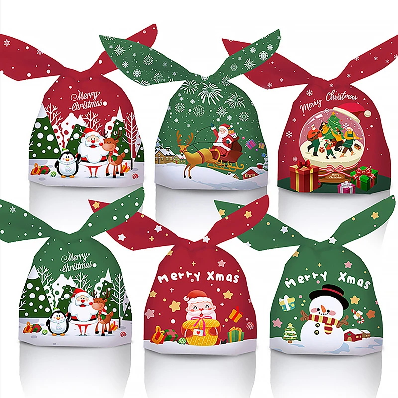 

50pcs Rabbit Ear Christmas Candy Bags Plastic Cartoon Santa Claus Snowman Candy Bags Xmas Cookies Gifts Packing Supplies