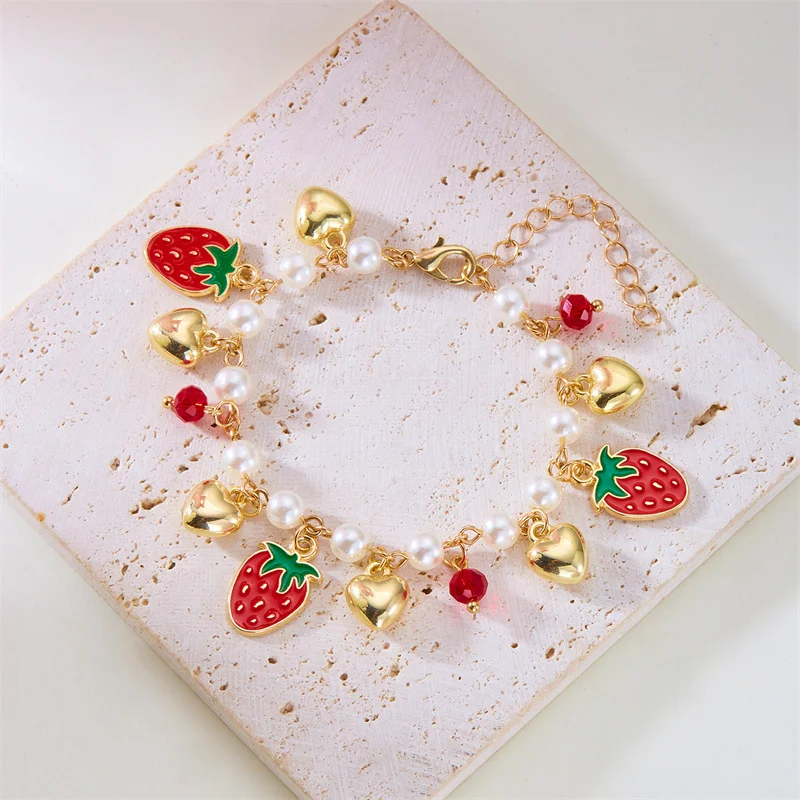 Chic Red Strawberry & Cherry Heart Pearl Charm Bracelet - Y2K Inspired Gold Chain Jewelry