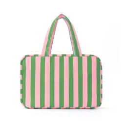 Striped Unisex Foldable Travel Toiletry Organizer with Hook - Large - Capacity and Portable for Cosmetics and Gym Essentials (Green)