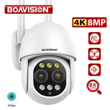 BOAVISION-HD 8MP WIFI 카메라, PTZ 듀얼 렌즈 8X 디지털 줌, 야외 4K AI 휴머노이드 자동 추적 줌 오디오 iCSee 보안 카메라