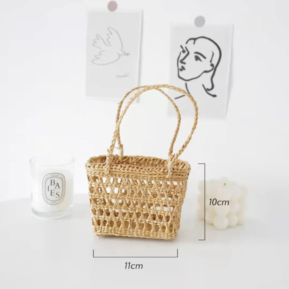 New Handmade Straw Woven Basket with Handle Picnic Props Small Flower Basket Ornaments Storage Basket