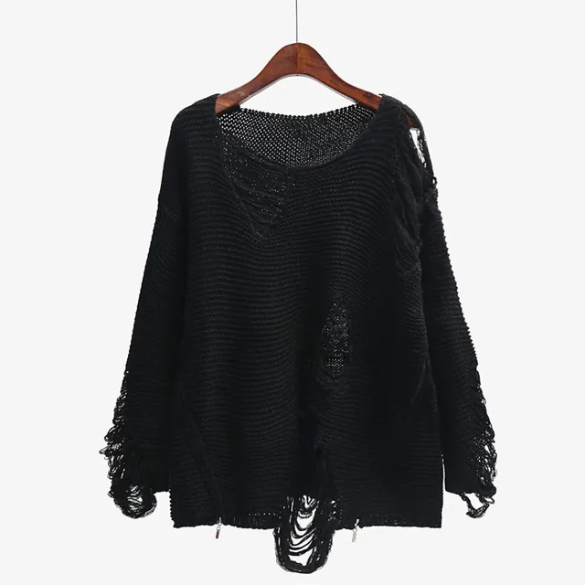 Side Zipper Ripped Black Sweater Jumper 