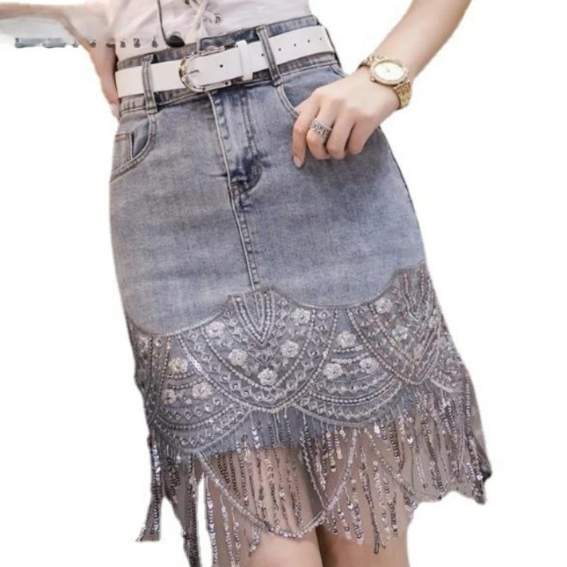 Women Denim Skirt with Belt High Waist Embroidery Sequins Tassel Skirt Korean Fashion Clothing Jeans Skirt and Elgent Mini Skirt