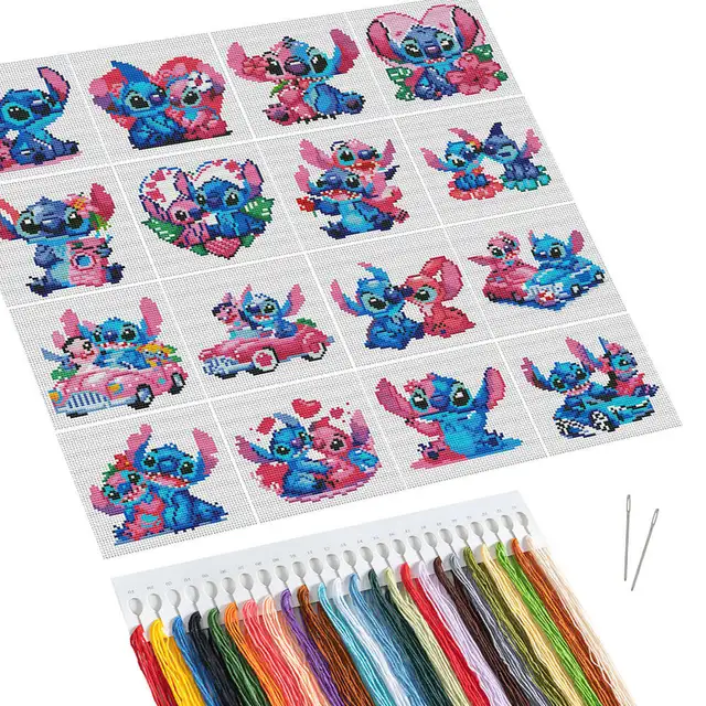 Disney 16 pièces MINI broderie dessin animé Lilo et point ange 11CT ensemble de toile imprimée Kit de point de croix coeur cadeaux de saint valentin 1