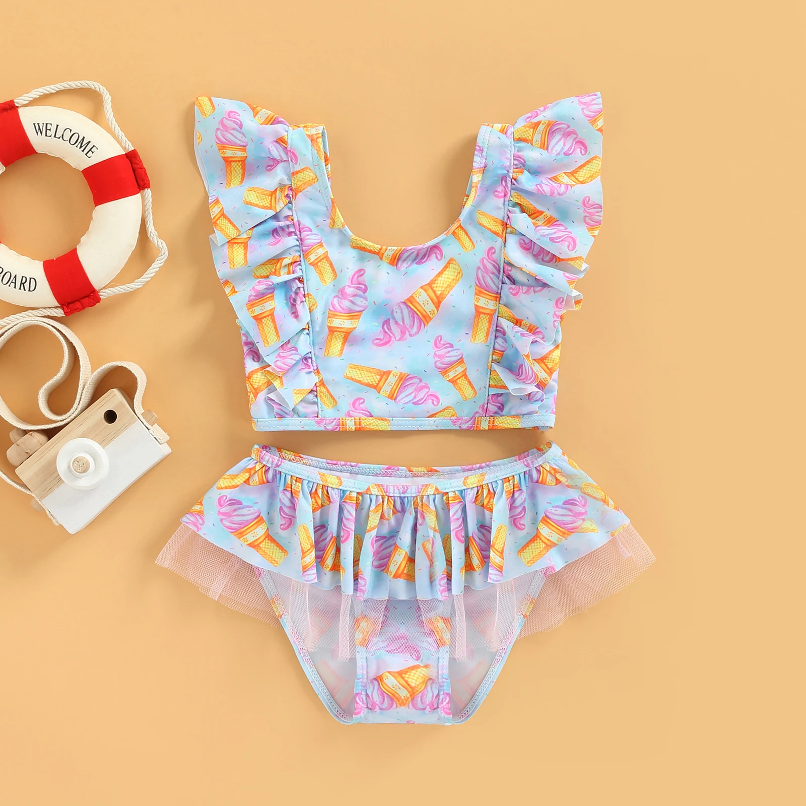 Kids Girls Swimwear Bikini Sets 2022 Summer Mesh Ruffle Ice Cream Printed Swimsuit Children Bathing Suits Baby Beachwear 1-6Y