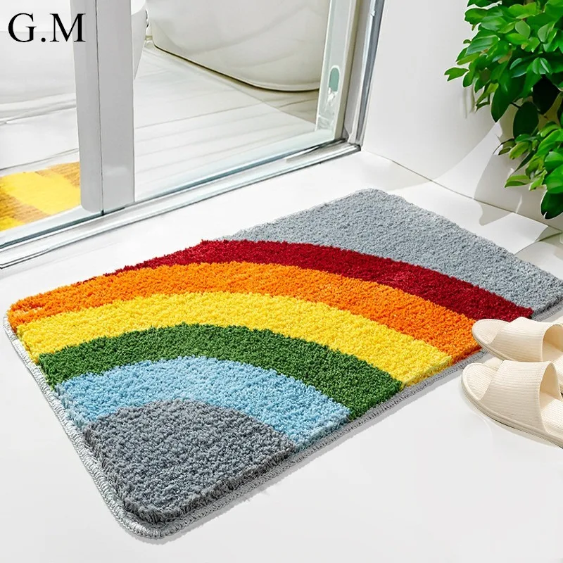 

Ins Tufted Rainbow Bathroom Mat Flocking Fluffy Soft Foot Pad Anti-slip Absorbent Thick Floor Mats Entrance Doormat Area Rug