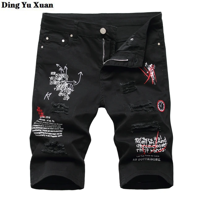 Mens Letter Print Embroidery Denim Shorts Summer Holes Ripped Jeans Slim  Stretch Breeches Black White Distressed Short Homme - Jeans - AliExpress