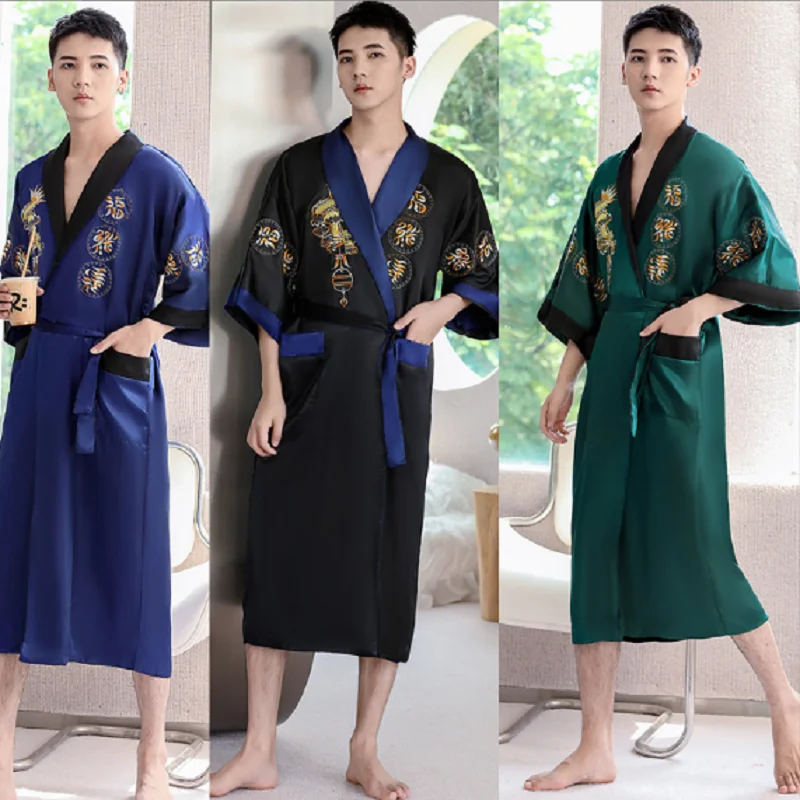 Hot Selling New Spring Chinese Style Men's High Quality Satin Silk Two-face Robe Embroidery Dragon Loose Kimono Bath Gown