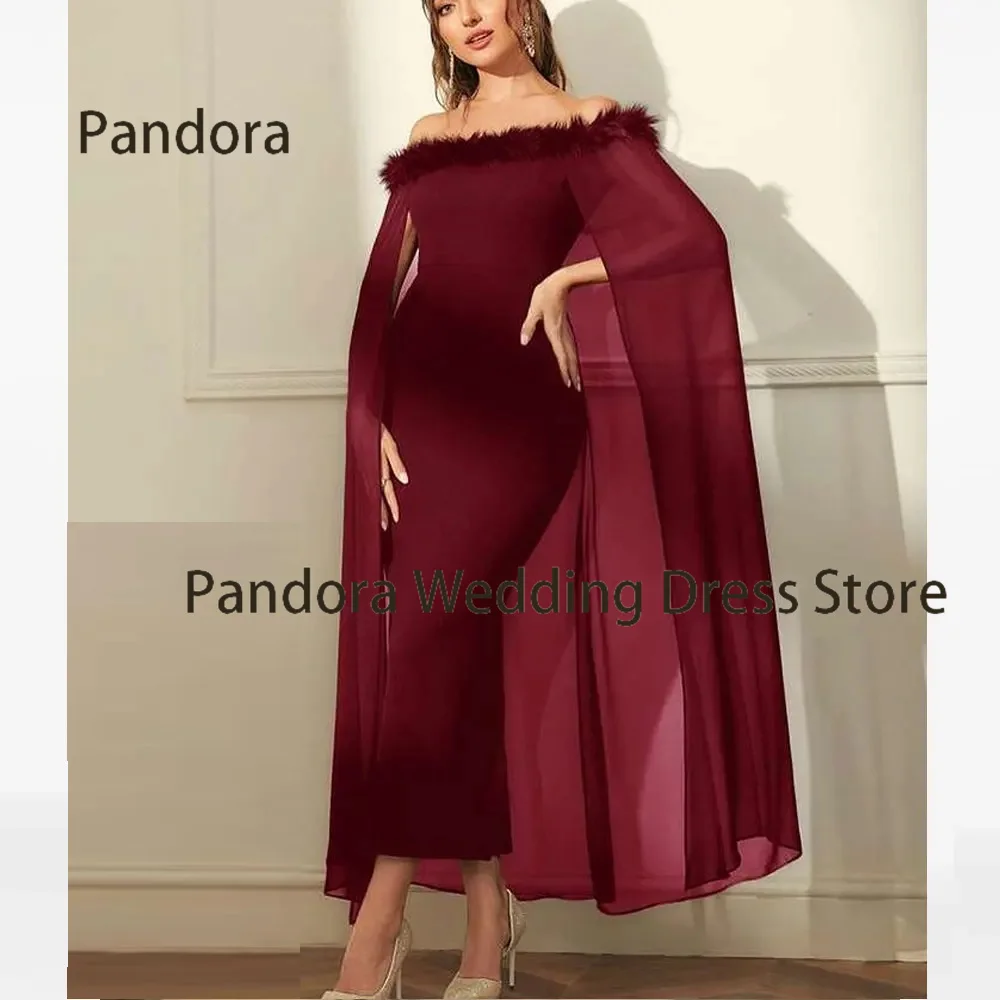 

Pandora Burgundy Women's formal Evening gown Ankle-length off-shoulder mermaid cape feather Birthday wedding prom party dress