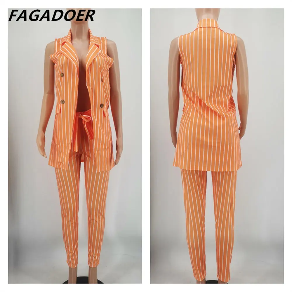 FAGADOER Striped Print Two Piece Set Women Sleeveless Blazer Coat And Sashes Pants Outfits Office Lady Elegant Work 2pcs Suits
