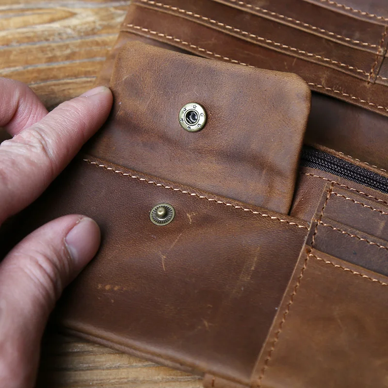 NZPJ Retro Genuine Leather Men's Wallet Crazy Horse Leather Clutch BagTop Layer Cowhide Wallet Bank Card Bag For 6.7-inch mobile