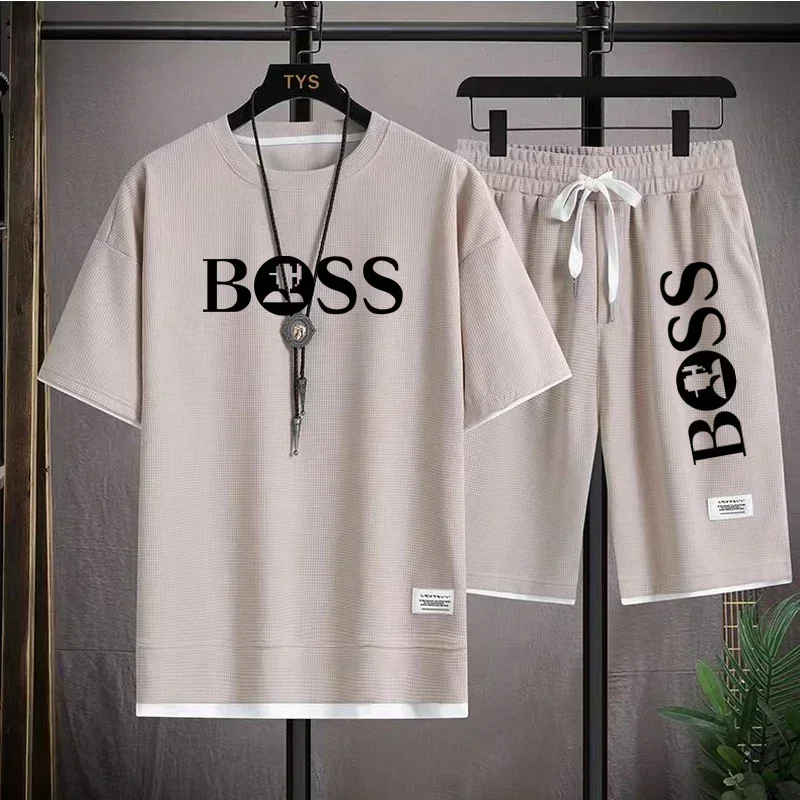 Fashion men's casual sports set new 2025 summer outdoor breathable round neck men short sleeve T-shirt + shorts two sets